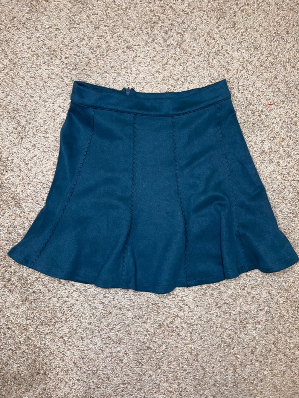 Teal Faux Suede Mini Skirt Scallop Seam A-Line Size Small Soft Velvet Feel - Picture 2 of 9